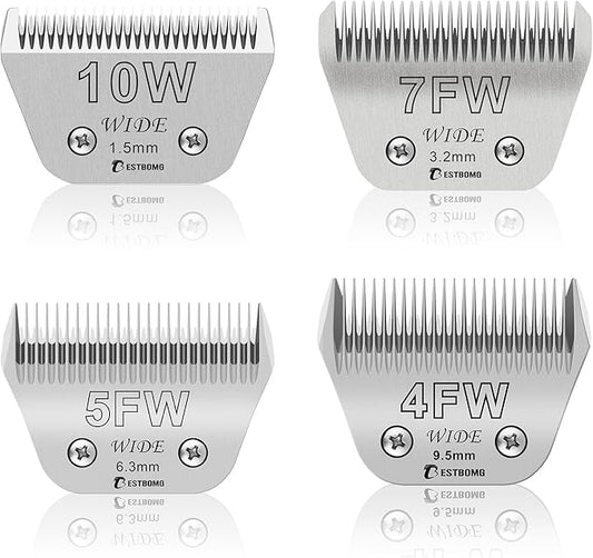 BESTBOMG 10W+7FW+5FW+4FW Wide Detachable Pet Dog Grooming Blades Kit-Cutting Length 1/16" to 3/8"（1.5-9.5mm）,Compatible with Andis,Oster A5,Wahl km10 Clippers