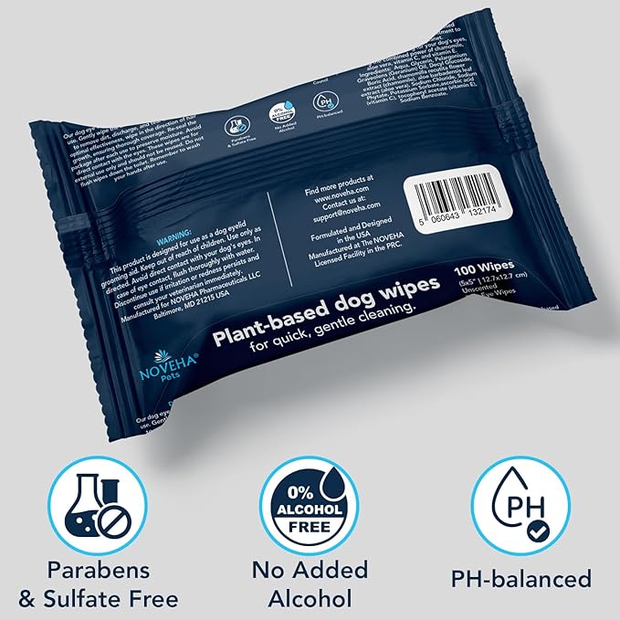 NOVEHA Dog Eye Wipes - Plant-Based Eye Wipes for Dogs - Formulated to Remove Eye Debris, Tear Stains & Eye Discharge - Safe, Convenient, and Large Unscented Wipes (100 Counts, Single Packaging)