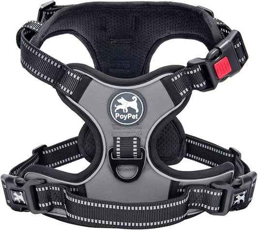 PoyPet Dog Harness No Pull, Reflective Adjustable No Choke Pet Vest with Front & Back Clips, Soft Padded and Control Training Handle for Large Dogs(Grey,XL)