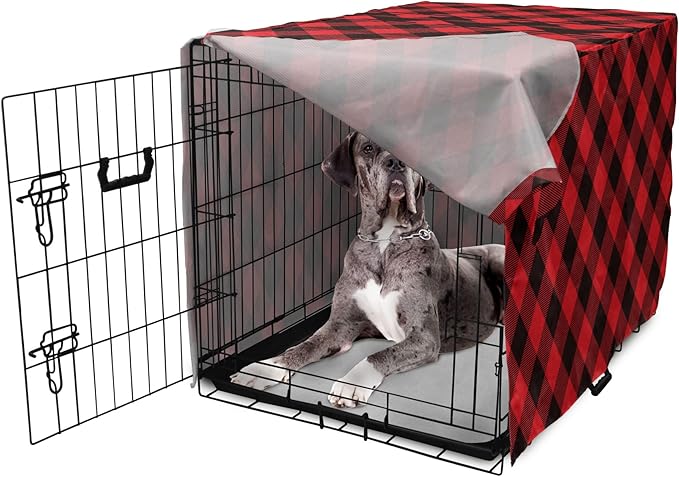 Lunarable Buffalo Plaid Dog Crate Cover, Grid Style Illustration with Horizontal Lines Pattern Diamond, Easy to Use Pet Kennel Cover for Medium Large Dogs, 48 Inch, Orange and Charcoal Grey