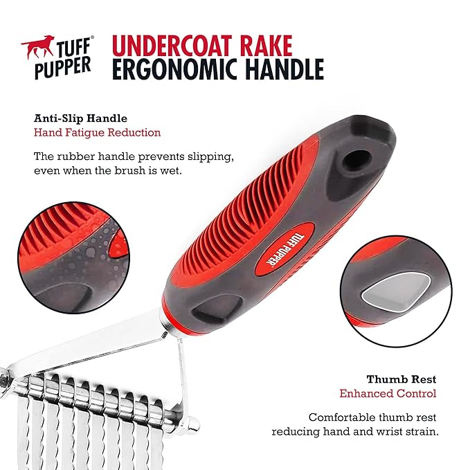 Tuff Pupper Dog Undercoat Rake Tool | Easily & Safely Remove Dead, Matted Or Knotted Hair | Ergonomic Dematting Comb For Thick Coats | Non-Slip Safety Handle Provides Precision Control Against Knots
