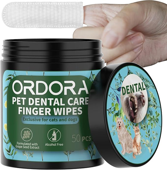 ORDORA PET Teeth Cleaning Wipes for Dogs & Cats, Dog Teeth Cleaning Finger Wipes - Dog Tooth Brushing Kit Dental Wipes - Reduces Plaque & Freshens Breath (50 Pcs)