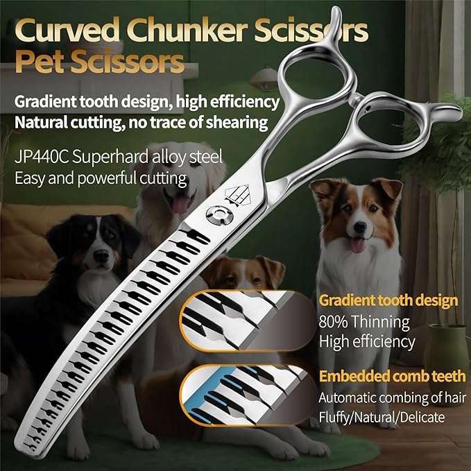 Professional Pet Grooming Scissors, Curved Chunker with Gradient Teeth, JP440C Steel, 80% Thinning Efficiency (7 inch)