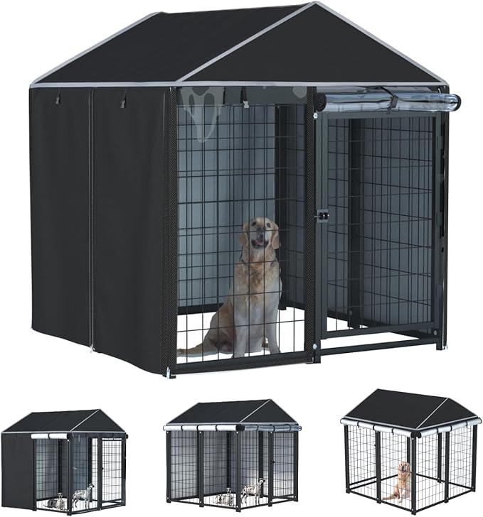 NGB Outdoor Dog Kennel Cover,600d Heavy Duty Waterproof Dog Cages Cover 4.2'Dx4.2'Wx4.5'H for Multiple Brands of Dog Kennels,Full Coverage Windproof Anti-UV,Cover Only,Black.（No Kennel）