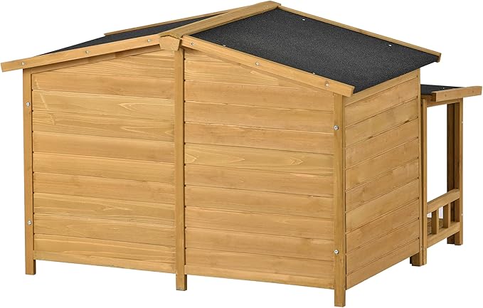 47" Outdoor Wooden Dog House with Porch, Asphalt Roof, 2" Height Raised Feet and Two Plastic Door Curtains, Brown