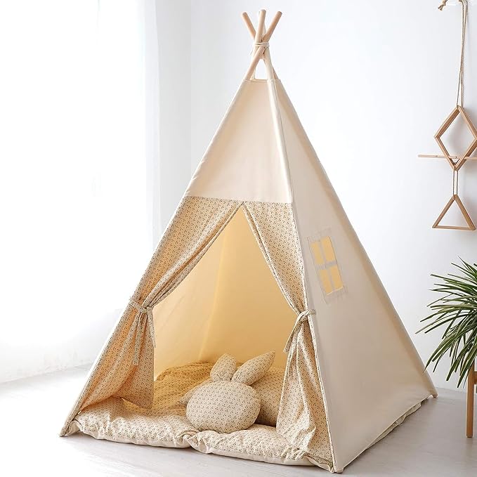 Teepee Tent for Kids with Mat,Foldable Play Tents for Girl and Boy with Carrybag,Canvas Tipi Playhouse for Children Indoor Outdoor(Beige & Mat)