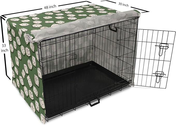 Lunarable Casino Dog Crate Cover, Cartoon Style Dices Pattern on Green Background Chance Game Lucky Jackpot, Easy to Use Pet Kennel Cover for Medium Large Dogs, 48 Inch, Green Cream Black