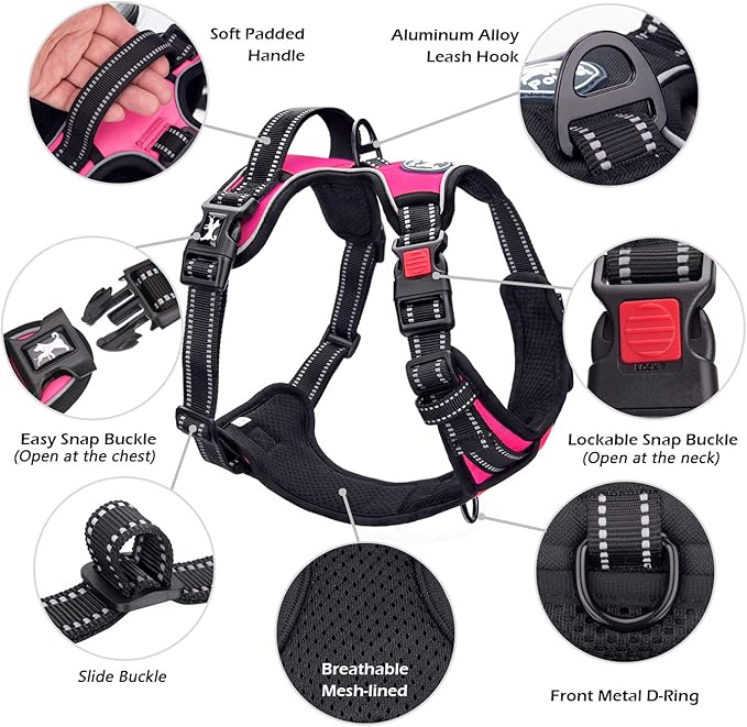 PoyPet No Pull Dog Harness, No Choke Front Clip Dog Reflective Harness, Adjustable Soft Padded Pet Vest with Easy Control Handle for Small to Large Dogs(Pink,M)