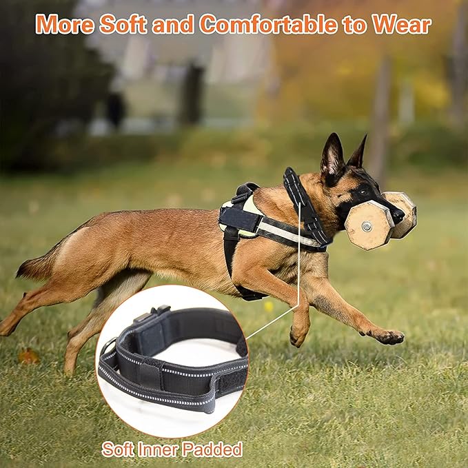KCUCOP Tactical Dog Collar, Heavy Duty Dog Collar with Handle and Metal Buckle, Military Thick Dog Collars for Medium and Large Dogs(Black-XL-Reflective, 1 Patch)