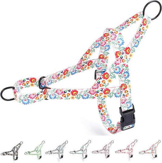 No Pull Dog Harness for Small, Medium, and Large Pets - Floral Pattern Nylon Safety Training Dog Harness (S, White)