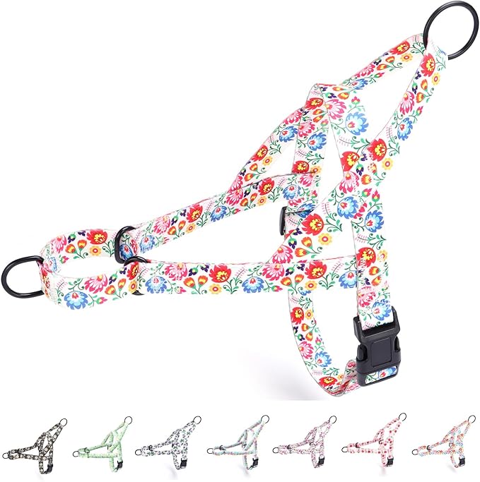 No Pull Dog Harness for Small, Medium, and Large Pets - Floral Pattern Nylon Safety Training Dog Harness (M, White)