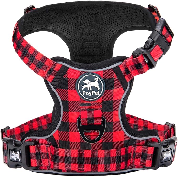 PoyPet No Pull Dog Harness, [Release at Neck] Reflective Adjustable No Choke Pet Vest with Front & Back 2 Leash Attachments, Soft Control Training Handle, Plaid(Checkered Red, XS)