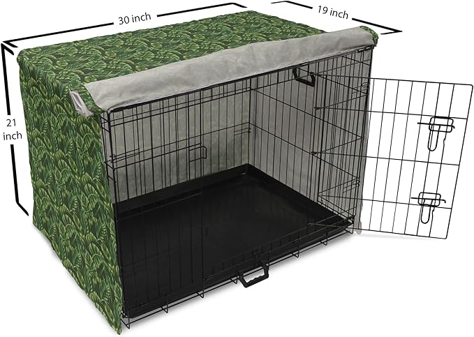Lunarable Hunter Green Dog Crate Cover, Tropical Palm Leaves Exotic Plants Hawaiian Trees Jungle Natural Design, Easy to Use Pet Kennel Cover for Cats & Medium Dogs, 30 Inch, Fern Green
