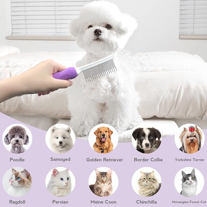 Detangling Pet Comb for Dog & Cat, Grooming Comb with Long & Short Stainless Steel Teeth, Safely Remove Knots & Tangles for Healthy Shiny Coat, Gentle Effective Detangling Tool for Pet Hair (Purple)