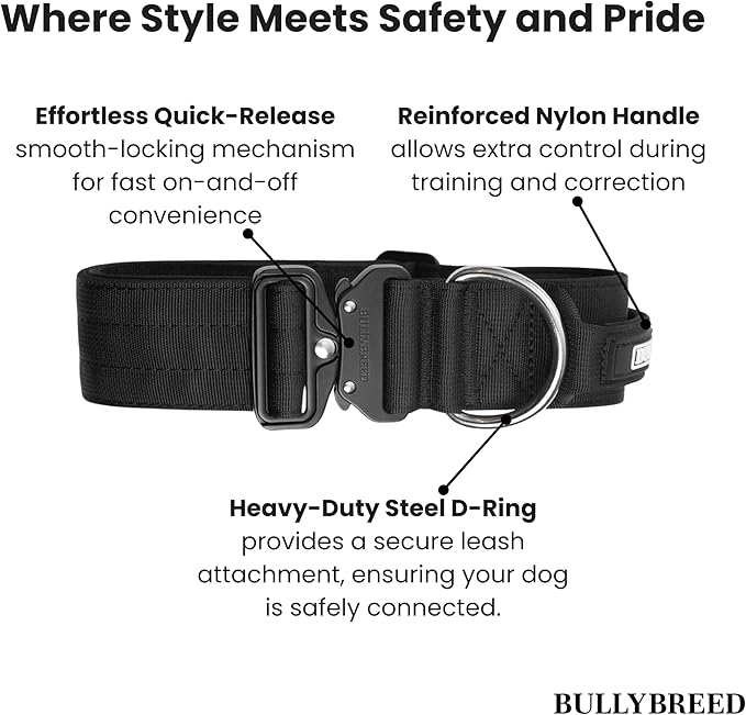 BULLYBREED Premium Dog Colar with Handle, Heavy Duty Dog Collar, Tactical Dog Collar, Quick-Release Metal Buckle, Thick Dog Collar, Dog Collar for Medium Dogs, Dog Collar for Large Dogs (Tan, M)