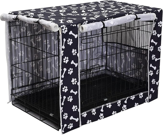Morezi Dog Crate Cover for Wire Crates,Cage, Heavy Nylon Durable Waterproof Windproof Pet Kennel Cover Indoor Outdoor Protection - Cover only - Black Paw Bone - XXLarge