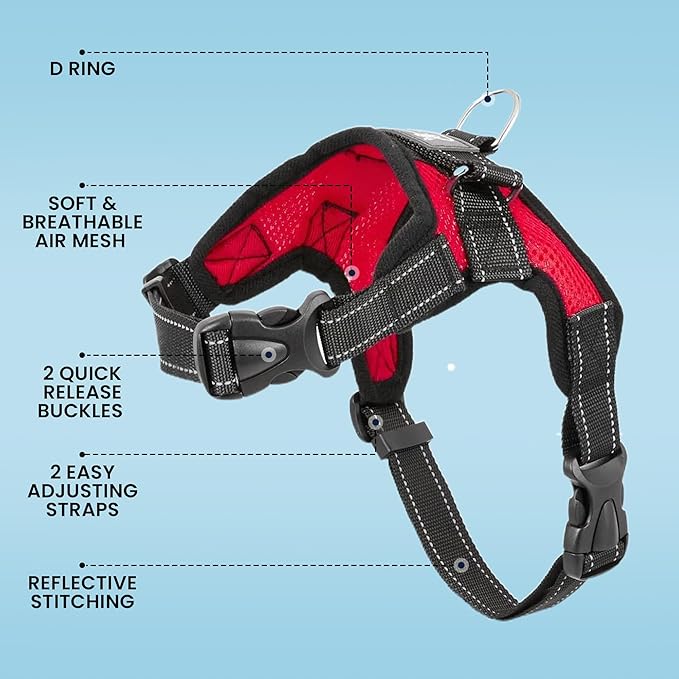 No Pull Reflective Adjustable Dog Harness with Handle- Comfortable Soft All Weather Mesh, Easy On Puppy Harness for Small Medium and Large Dogs (Red) Large