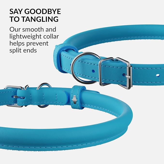 CollarDirect Rolled Leather Dog Collar, Soft Padded Round Puppy Collar, Handmade Genuine Leather Collar Dog Small Large Cat Collars 13 Colors (20-23 Inch, Light Blue Smooth)