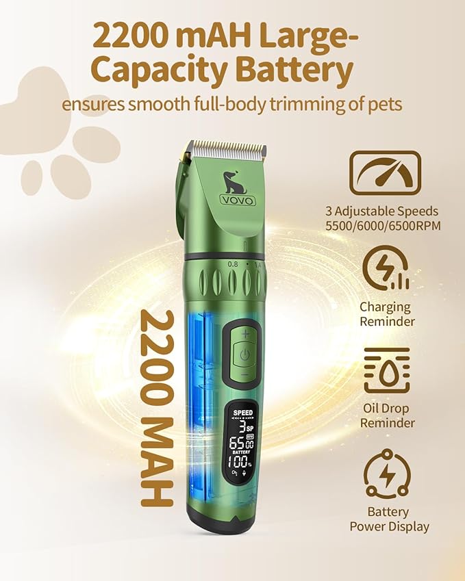 Vovo Dog Hair Clippers 3-Speed Heavy Duty Cordless Electric Dog Grooming Kit (Green)
