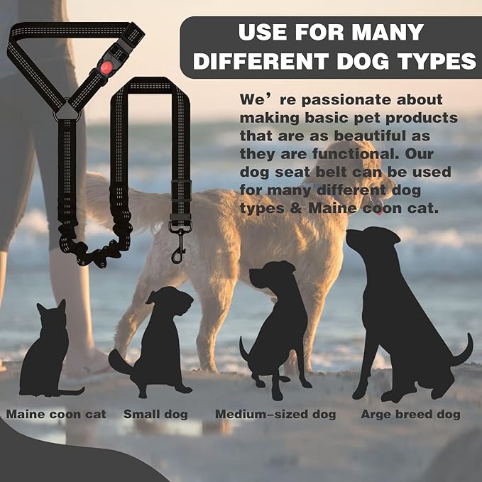 Dog Seat Belt,Retractable Dog Seatbelts Harness for Car,Adjustable Headrest Seatbelt Pet Safety Seat Belts with Elastic Bungee Buffer and Restraint Reflective (Black/2 Piece)