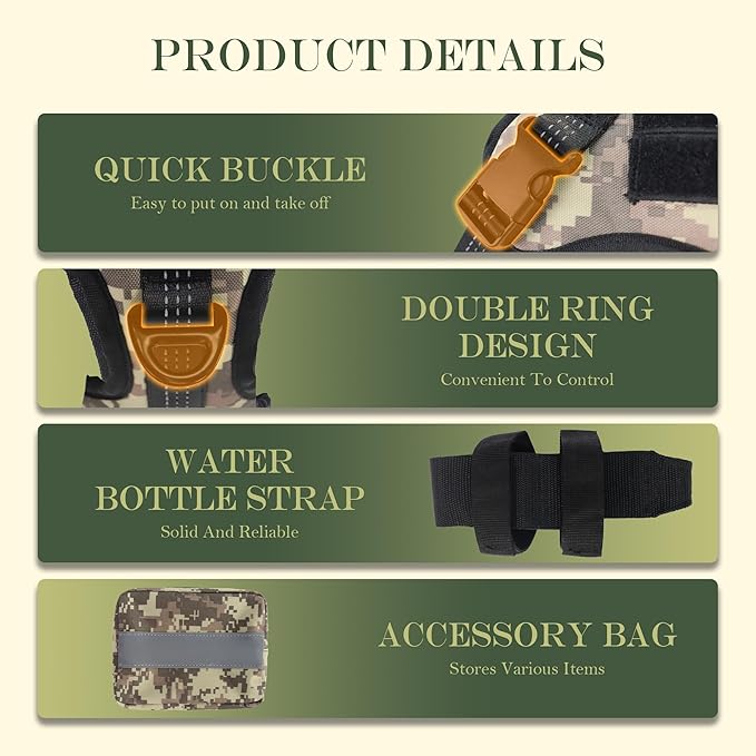 Tactical Dog Harness, Heavy Duty Dog Harness,Adjustable Breathable Pet Harness with MOLLE Panel, Small Pouch, and Bottle Holder,for Large Dogs, Camouflage L
