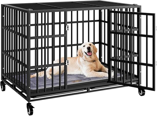 48 Inch Heavy Duty Dog Crate with Wheels，Indestructible Escape-Proof Dog Cage for Large Dogs, Extra Large XL XXL Indestructible Dog Crate with Removable Tray.