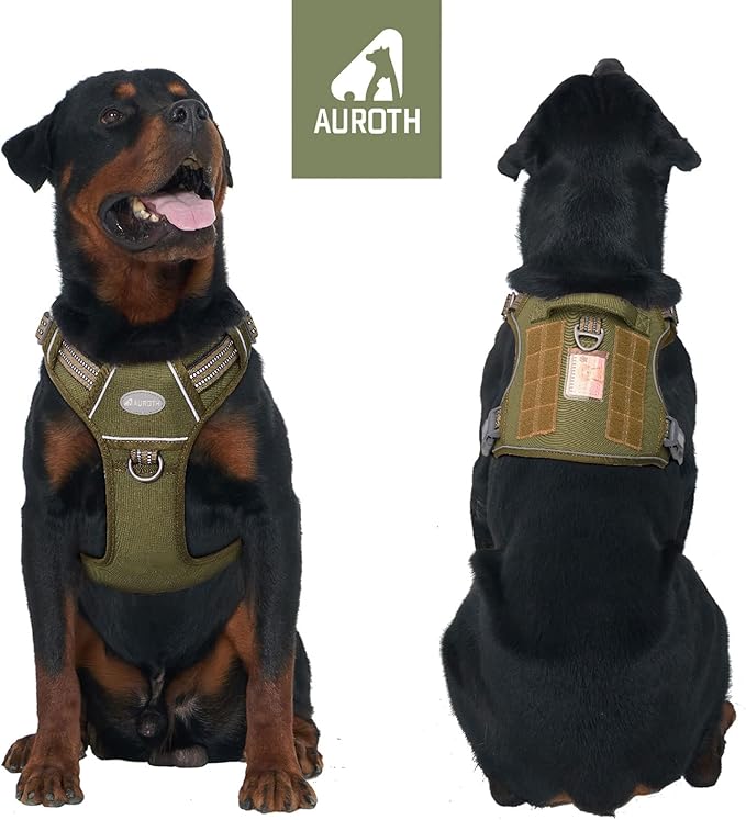 Auroth Tactical Dog Harness for Small Medium Large Dogs No Pull Adjustable Pet Harness Reflective K9 Working Training Easy Control Pet Vest Military Service Dog Harnesses XL, Green