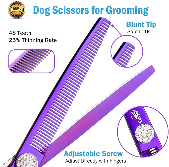 Dog Thinning Shears for Grooming, 48 Teeth Dog Grooming Blending Scissors, Premium 440C Steel Pet Hair Trimming Shears for Groomers, Cats & Pets, Ergonomic Handle with Jewelled Screw