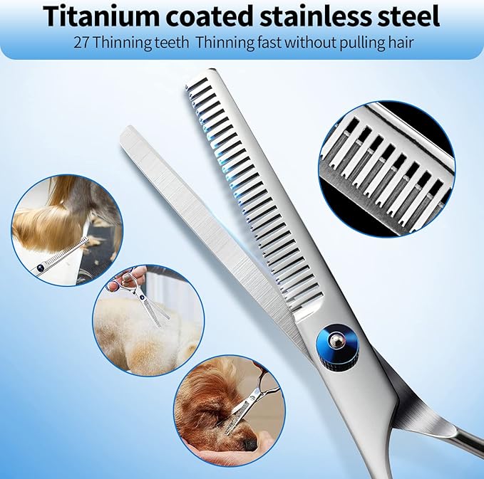 Professional Dog Grooming Scissors Kit with Round Tip Pet Grooming Scissors Kit-Straight & Thinning & Curved Pet Trimming Cutting Shears & Comb Set for Dog & Cat Grooming