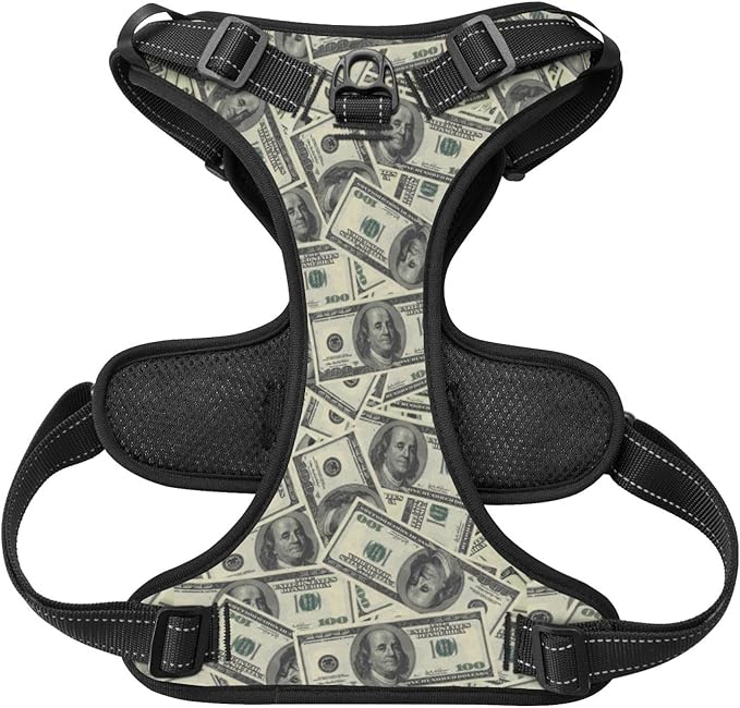 No Pull Dog Harness for Small Dogs Easy Walk Dog Vest Adjustable Collars Harnesses & Leashes Set Breathable Oxford Outdoor Walking Safety Reflective Strip Dollar Cash Prints