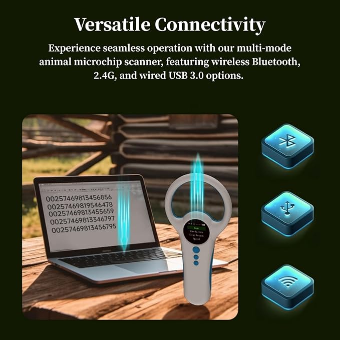 Pet Microchip Scanner, Rechargeable RFID EMID Micro Chip Reader Scanner, 2.4GHz Bluetooth USB, 1.44 TFT Screen Display ISO11784 / 11785 / FDX B EMID for Animal Pet Dog Cat