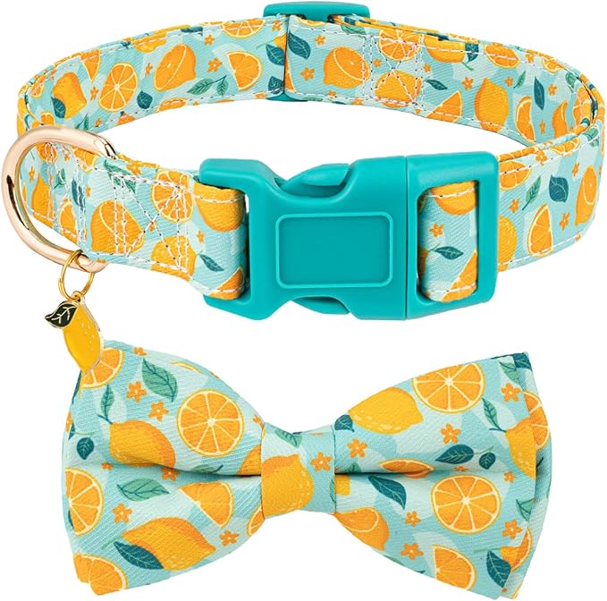 Fashionable Dog Collar with Bow Tie for Small Medium Large Dogs,Cute and Soft Puppy Collar for Male Female Dogs,Yellow Durable Cotton Dog Collar with Adjustable Buckle Lemon Pattern (L, Yellow Lemon)