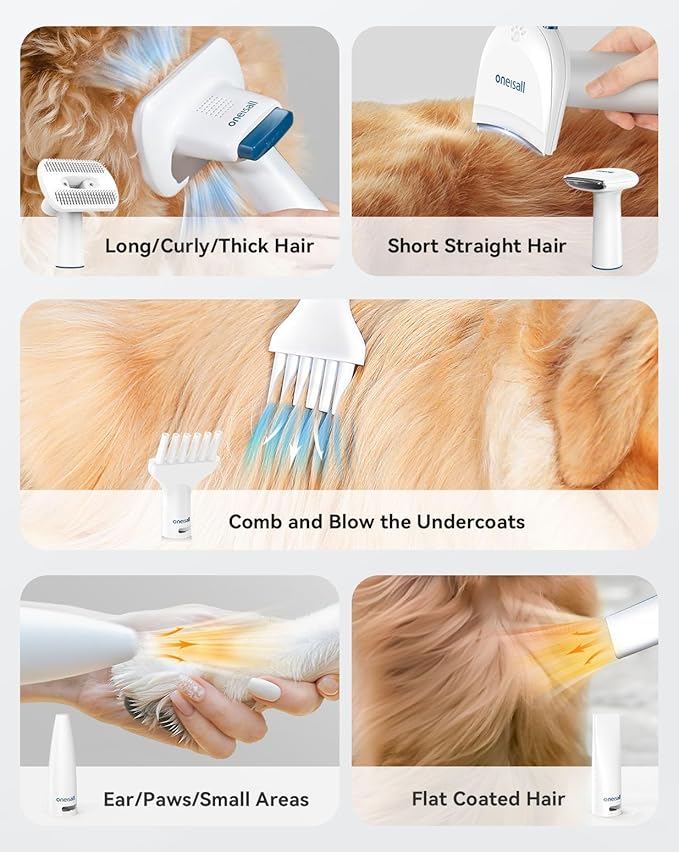 oneisall Dog Vacuum & Dryer for Shedding Grooming, 8 in 1 Dog Grooming Kit with Metal Blades Pet Clippers, Adjustable Speed and Temperature Control Blower