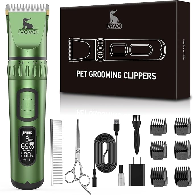 Vovo Dog Hair Clippers 3-Speed Heavy Duty Cordless Electric Dog Grooming Kit (Green)