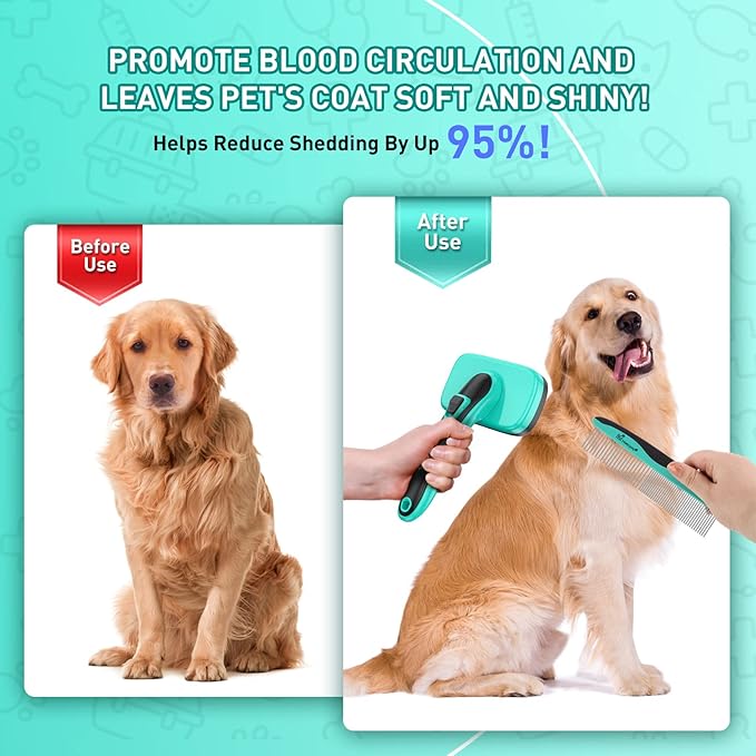 Dog Brush for Shedding, Self-Cleaning Slicker Brush, Short & Long Haired Pets, Removes Mats, Tangles, Loose Fur, Gentle on Skin, Ideal for Small, Medium, Large Dogs, Pet Comb, Aqua Green