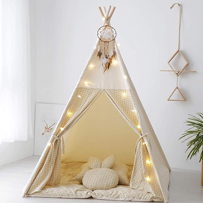 Teepee Tent for Kids with Mat,Foldable Play Tents for Girl and Boy with Carrybag,Canvas Tipi Playhouse for Children Indoor Outdoor(Beige & Mat)