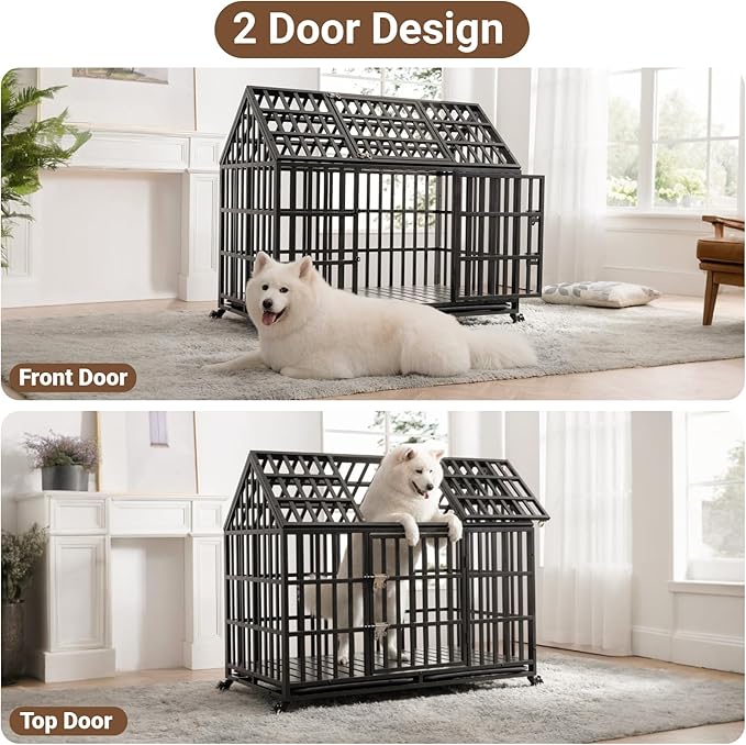 Rovibek 52 Inch XXL Dog Crate, Heavy Duty Dog Crate with Lockable Wheels, Escape Proof Dogs Cage for Extra Large Dogs, Dog Kennel Indoor, Indestructible Dog Crates with Removable Trays