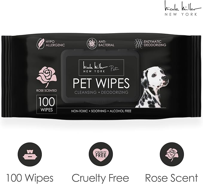 Nicole Miller Rose Scented Alcohol-Free Pet Wipes, Clean Ears, Paws, Body, & Butt - 100pk