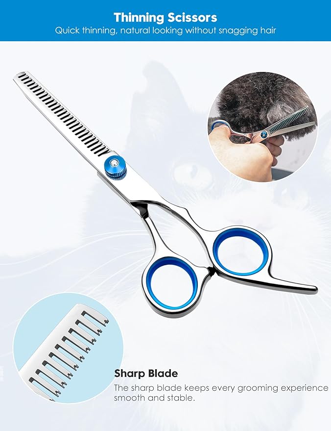 SUMFREY Dog Grooming Scissors with Safety Round Tips，Professional 5 in 1 Dog Grooming Kit ，Dog Scissors for Grooming Sharp and Durable, DGS001