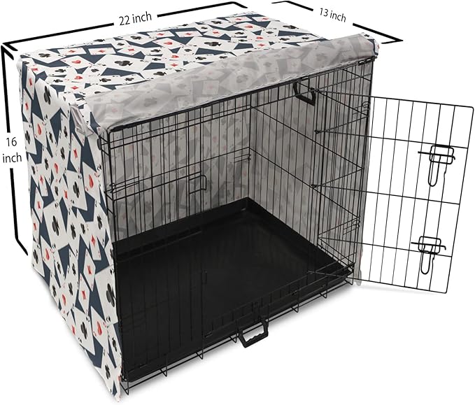 Lunarable Casino Dog Crate Cover, Realistic Style Random Scattered Playing Cards Leisure Time Hobby Games, Easy to Use Pet Kennel Cover for Small Dogs Puppies Kittens, 22 Inch, Cadet Blue Black Red