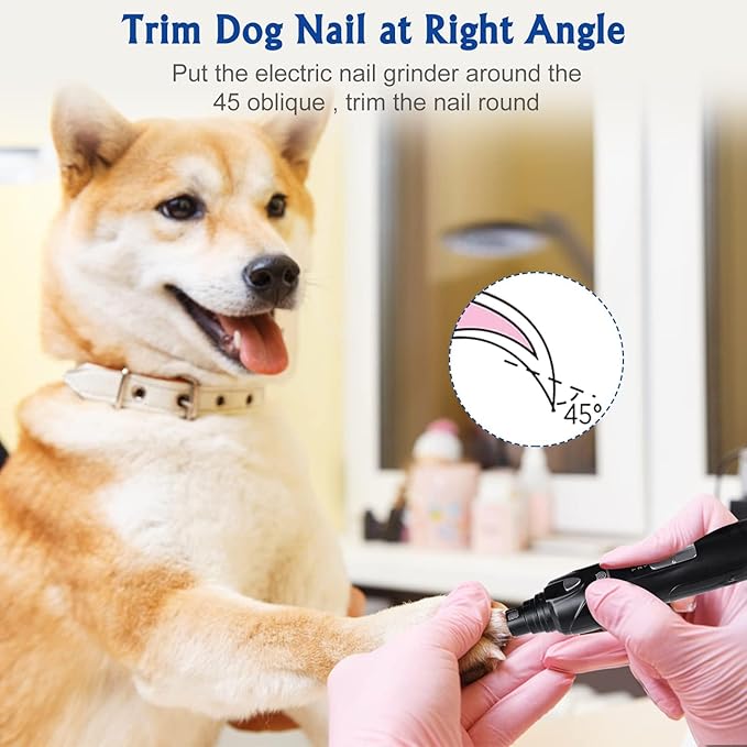 Dog Nail Grinder, Dog Nail Trimmers and Clippers Kit, 2-Speed and LED Light, Powerful Touch-Switch, Quiet and Low-Vibration Pet Nail Trimmers for Large Dogs, Medium, Small Dogs Cats Pets