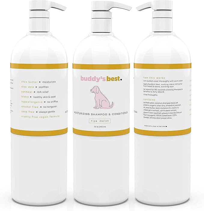 Buddy's Best, Dog Shampoo and Conditioner in One - Natural Oatmeal Shampoo for Dogs with Sensitive Skin - Moisturizing Dog Wash (32 Fl Oz, Ripe Melon)