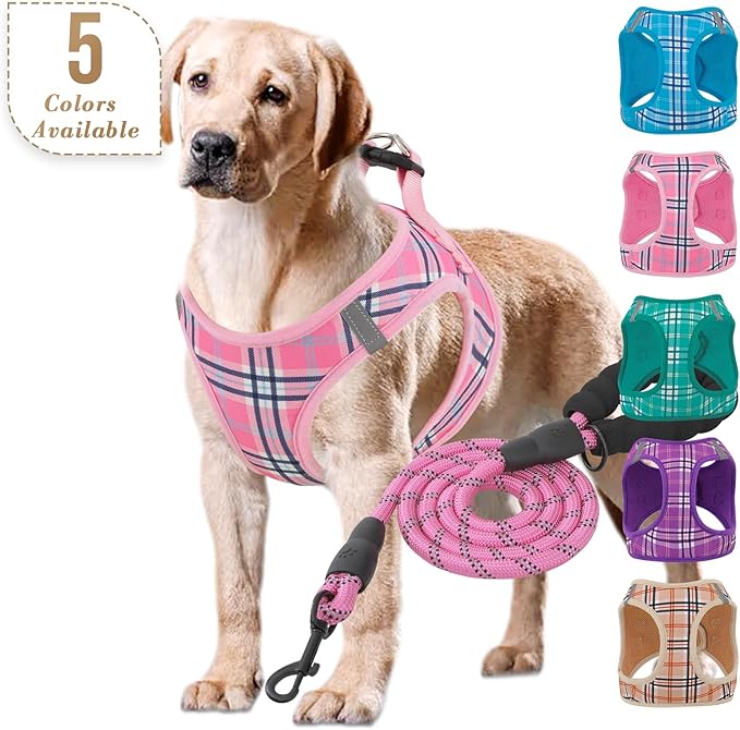 Athena Collection Step-in Dog Harness with 5 ft Leash, Large Dog Harness Leash Set Large No Pull Dog Vest Harness with Reflective Strips Adjustable Velcro, Easy Walk Dog Harness, Pink