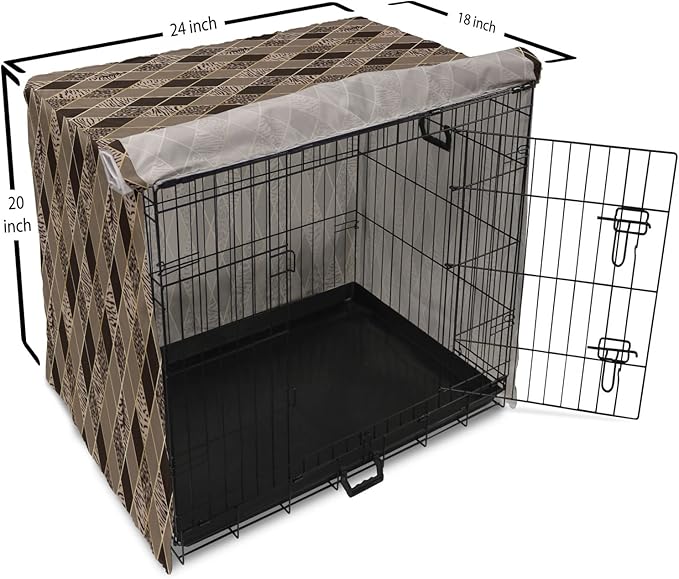 Lunarable Contemporary Brown Dog Crate Cover, Rhomb Check Pattern with Animal Skins, Easy to Use Pet Kennel Cover for Cats & Medium Dogs, 24 Inch, Umber Dark Brown