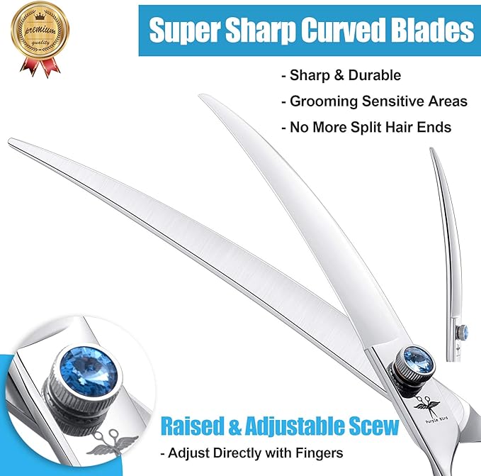 PURPLEBIRD 8 Inch Left Handed Downward Curved Dog Grooming Scissors Professional Pet Cutting Shears Safety Noiseless Blunt Tip Trimming Shearing for Dogs Cats Japanese Stainless Steel Silver