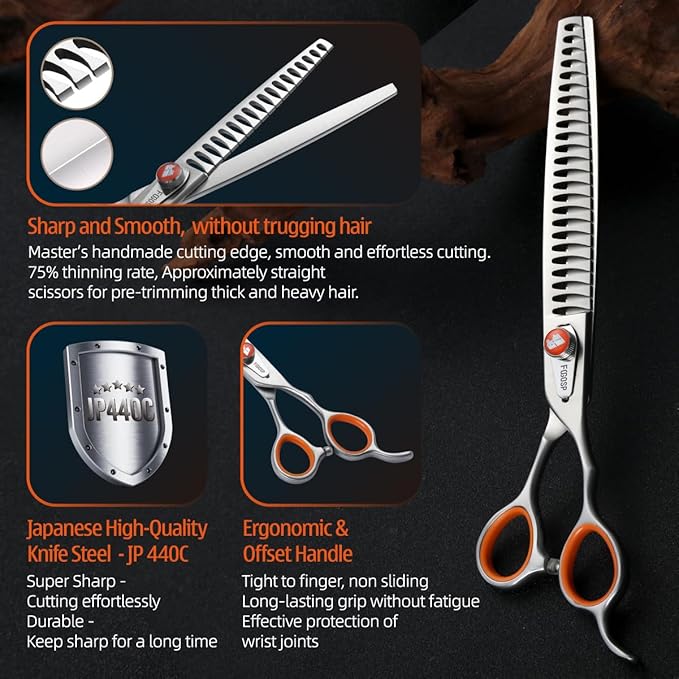 Professional Thinning Shears for Dogs Cats Pet Grooming Scissors 7 in Chunkers Shears Japan 440C Stainless Steel 70% Thinning Rate 18 Teeth