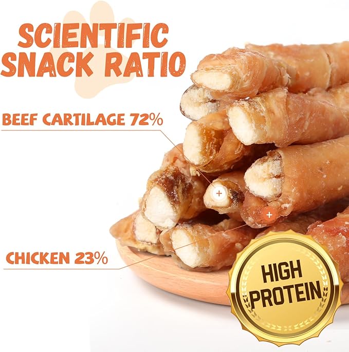 Natural Dog Treats, Chicken Wrapped Beef Cartilage Dog Treat Long-Lasting High Protein Training Treats for Small Medium Large Dogs 12 Counts