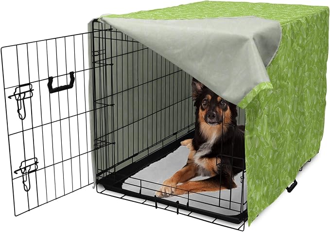 Ambesonne Floral Dog Crate Cover, Vintage Inspired Simplistic Outline Flowers Nature Botany Art Repetition, Easy to Use Pet Kennel Cover for Medium Large Dogs, 36 Inch, Lime Green and White