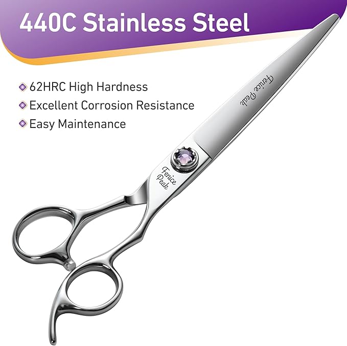 Fenice Peak 7 inch Straight Dog Grooming Scissors Professional Dog Shears Made of Japanese 440C Stainless Steel with Jewelled Screw Trimming Cutting Scissors Durable and Sharp