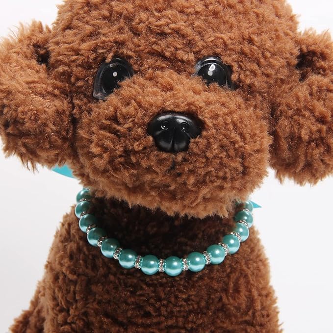 Dog Cat Pearls Necklace Collar with Bling Accessories and Ribbon Bow Pet Puppy Jewelry for Female Dogs Cats Small Medium (XL, Blue)